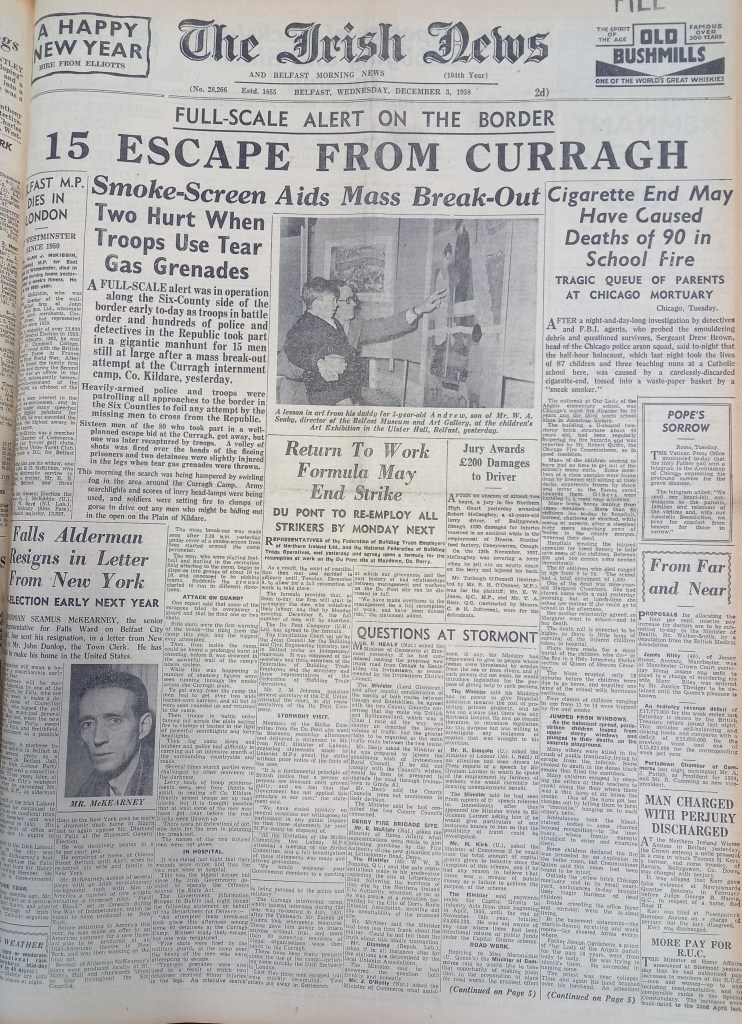 A vintage newspaper front page of 'The Irish News' from December 5, 1956, displaying headlines about a mass escape and various local news stories.
