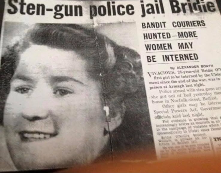 Black and white newspaper clipping featuring an article about a woman named Bridie O'Rourke, with the headline 'Sten-gun police jail Bridie.' The article discusses her being detained and mentions the search for bandit couriers.