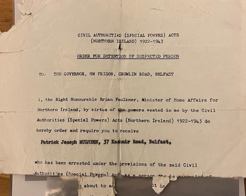 Historical document titled 'Order for Detention of Suspected Person' under the Civil Authorities (Special Powers) Acts in Northern Ireland, dated 1922-1943, addressed to the Governor of HM Prison, Crumlin Road, Belfast.