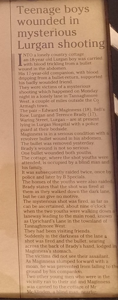 Newspaper article detailing a mysterious shooting incident in Lurgan involving teenage boys, mentioning their injuries and the circumstances surrounding the event.
